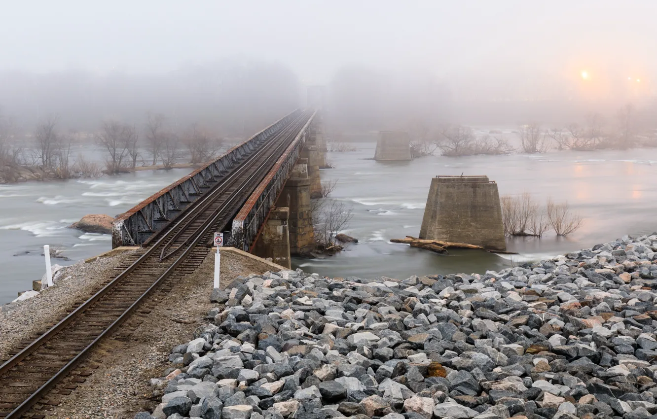 Photo wallpaper bridge, fog, river, railroad