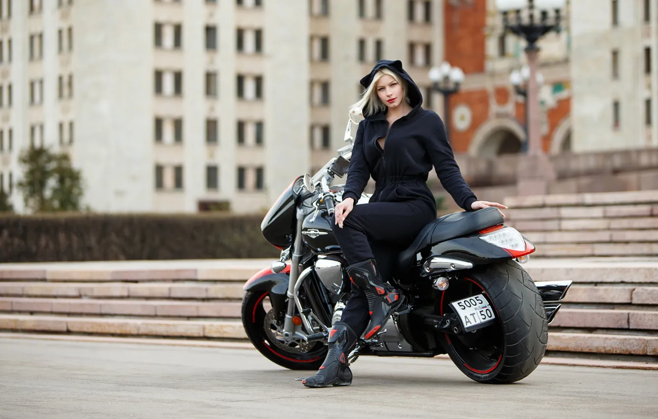 Photo wallpaper girl, model, blonde, costume, motorcycle, bike, architecture, Anastasia Zhilina