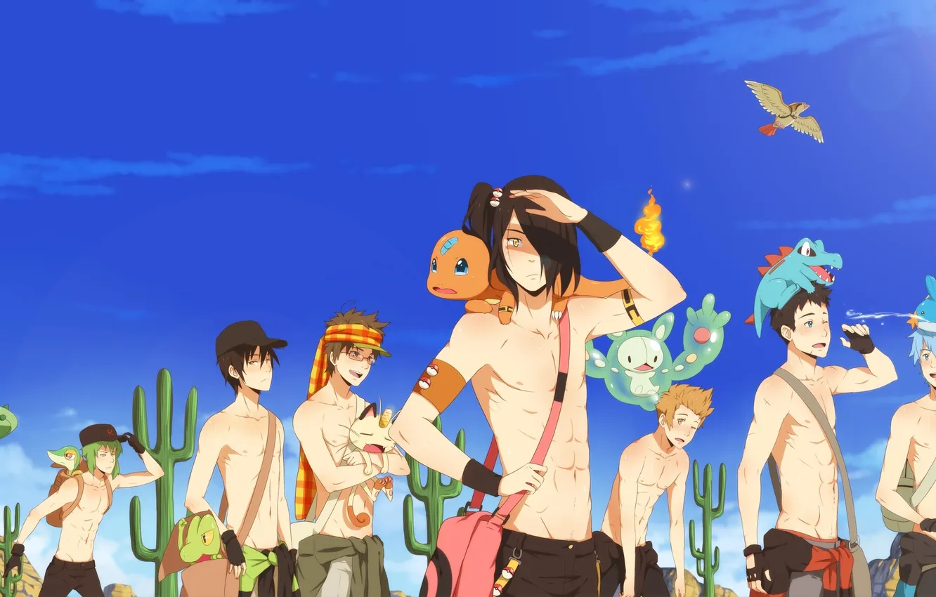 Photo wallpaper the sky, the sun, lights, animal, bird, desert, anime, cactus