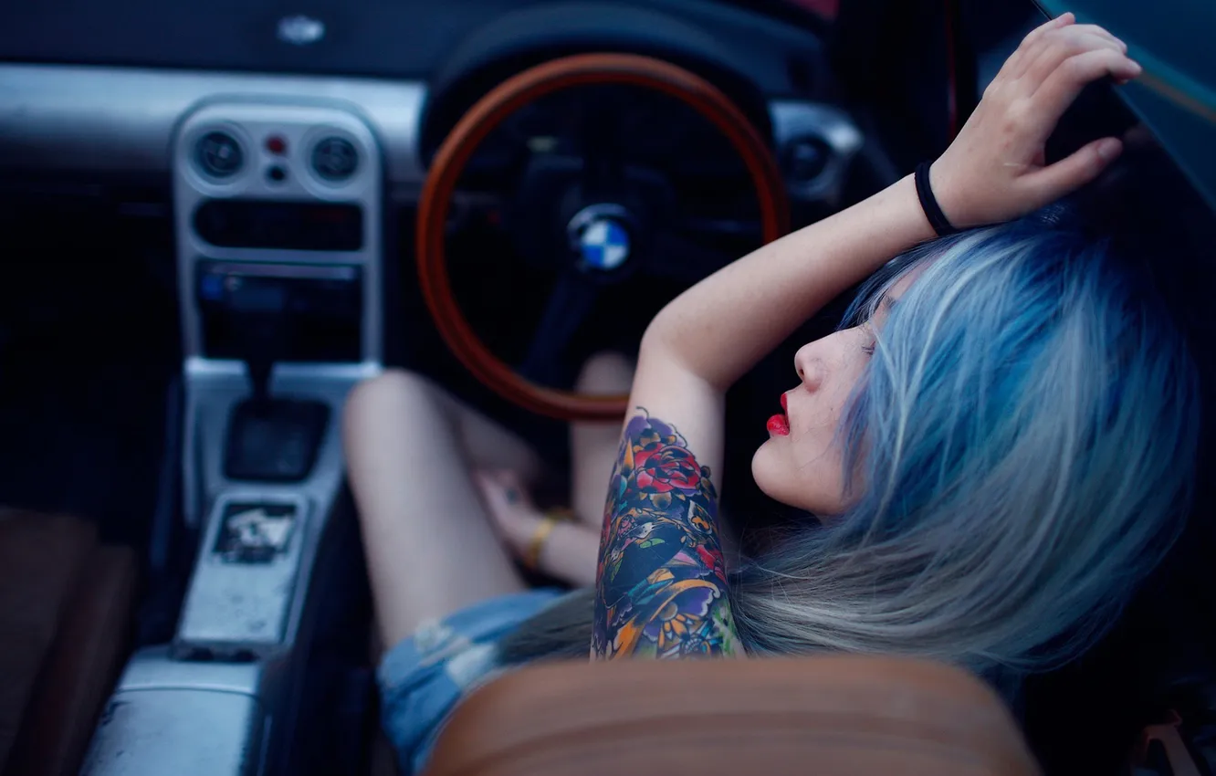 Photo wallpaper auto, girl, hair, tattoo, lips, bracelet