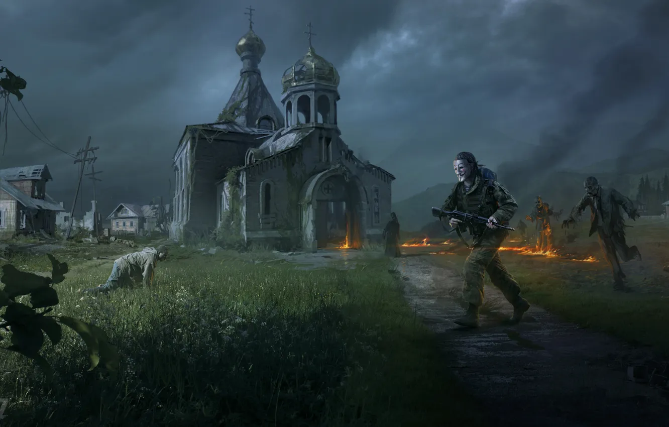 Photo wallpaper lights, Apocalypse, people, village, zombies, Church, DayZ, Dayz Standalone