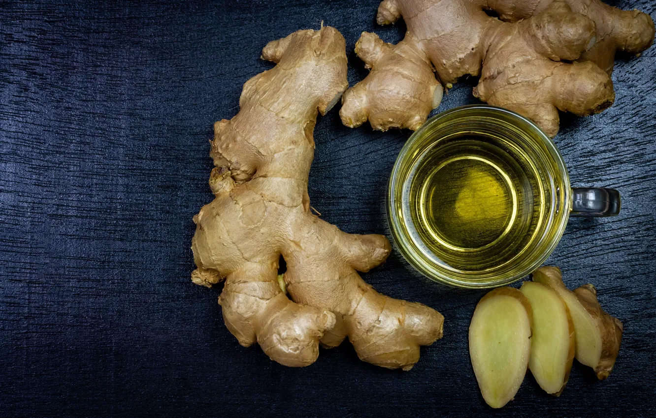 Photo wallpaper glass, green, tea, mug, Cup, blue background, ginger, ginger roots