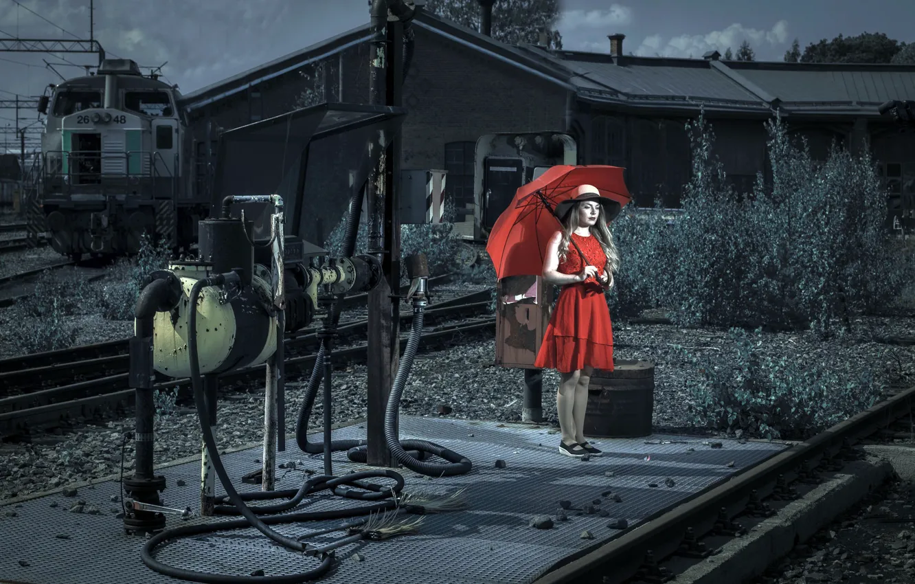 Photo wallpaper girl, umbrella, railroad