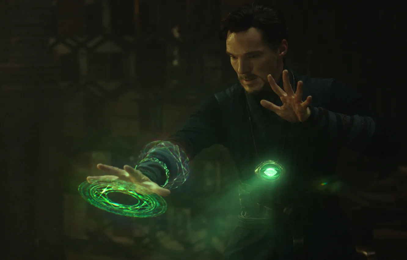 Photo wallpaper green, Marvel Comics, Benedict Cumberbatch, Superhero, Doctor Strange, 2016, Dr. Stephen Strange, Eye of Agamotto