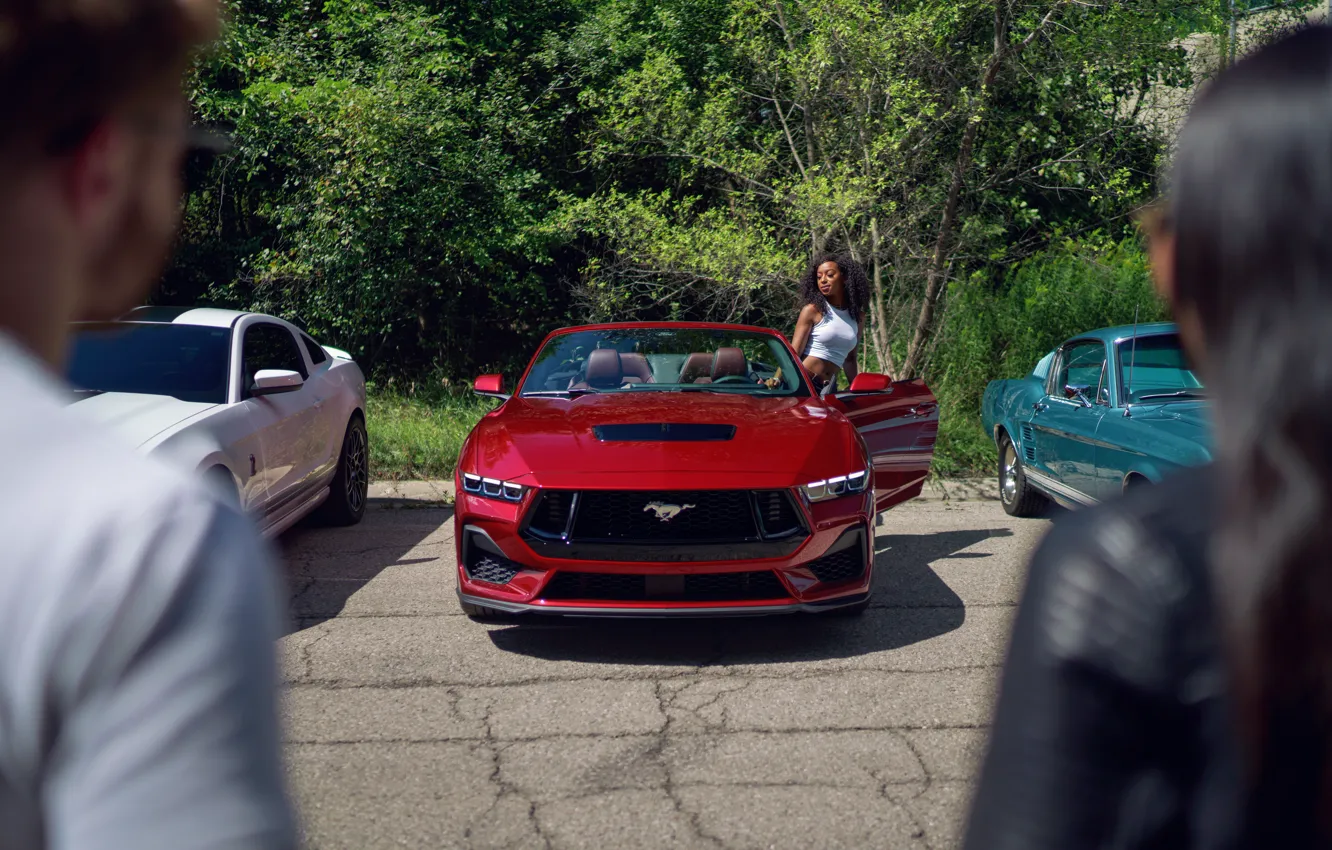 Photo wallpaper Mustang, Ford, red, girl, Ford Mustang GT Convertible