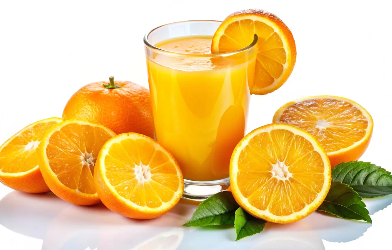 Photo wallpaper juice, glass, fresh, orange, oranges