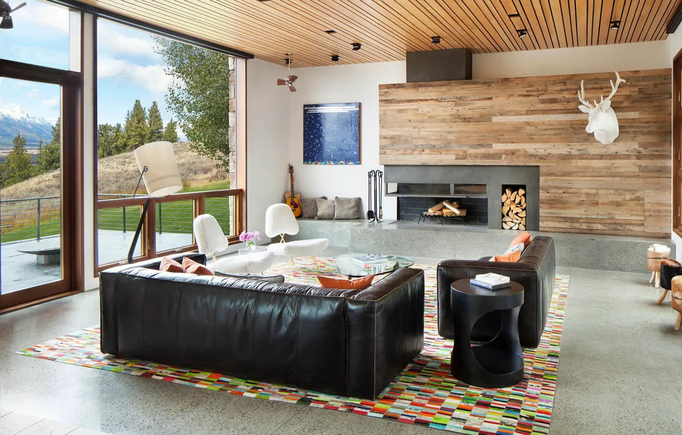 Photo wallpaper design, style, Villa, interior, fireplace, USA, Wyoming, living room