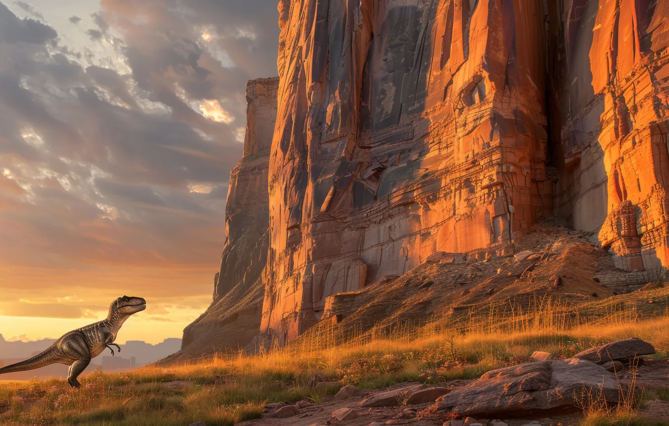 Photo wallpaper mountains, animal, dawn, dinosaur, predator, Tyrannosaurus, digital art, Tyrannosaurus Rex