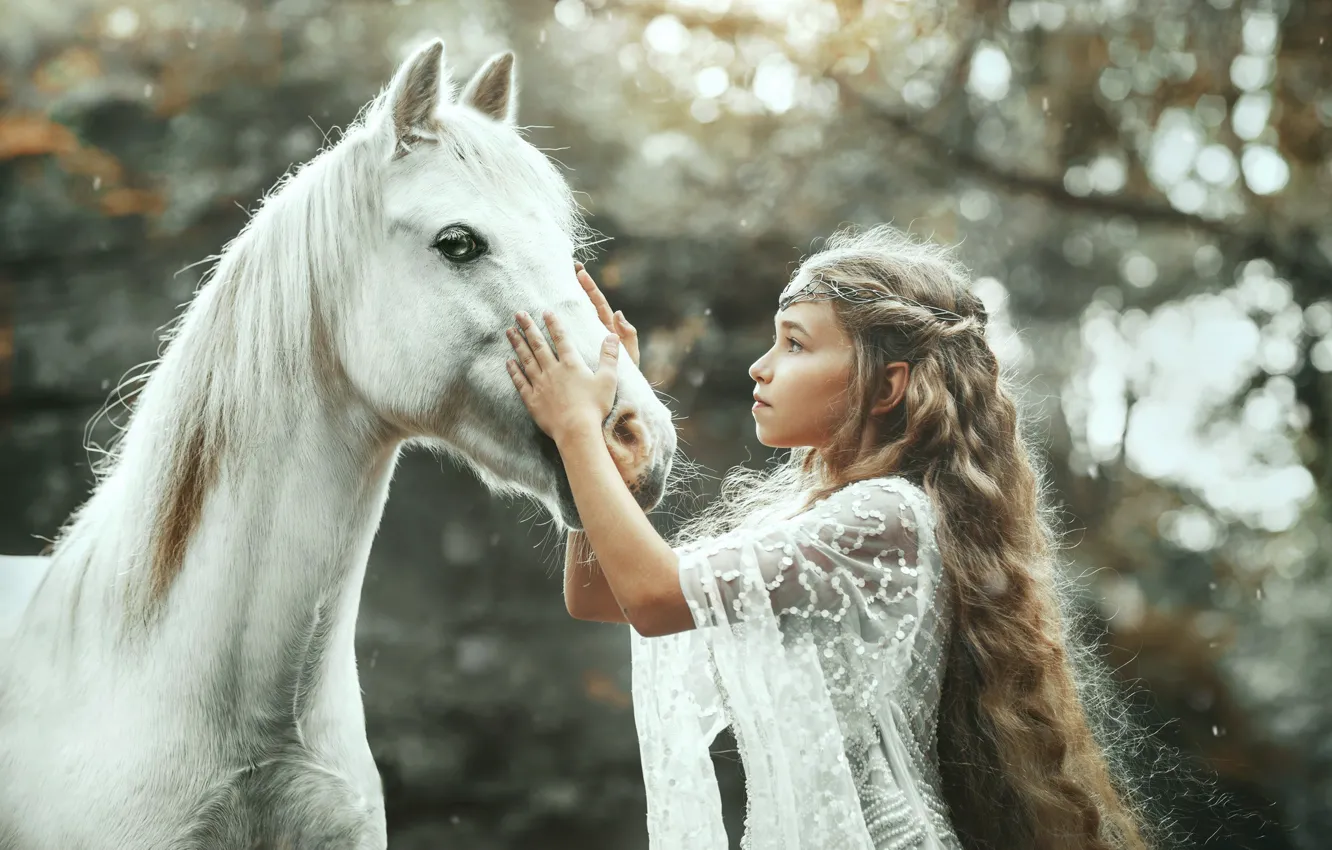 Photo wallpaper mood, horse, girl, white, long hair, Marketa Novak