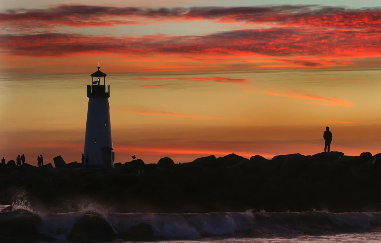 Photo wallpaper sunset, people, lighthouse, Sea