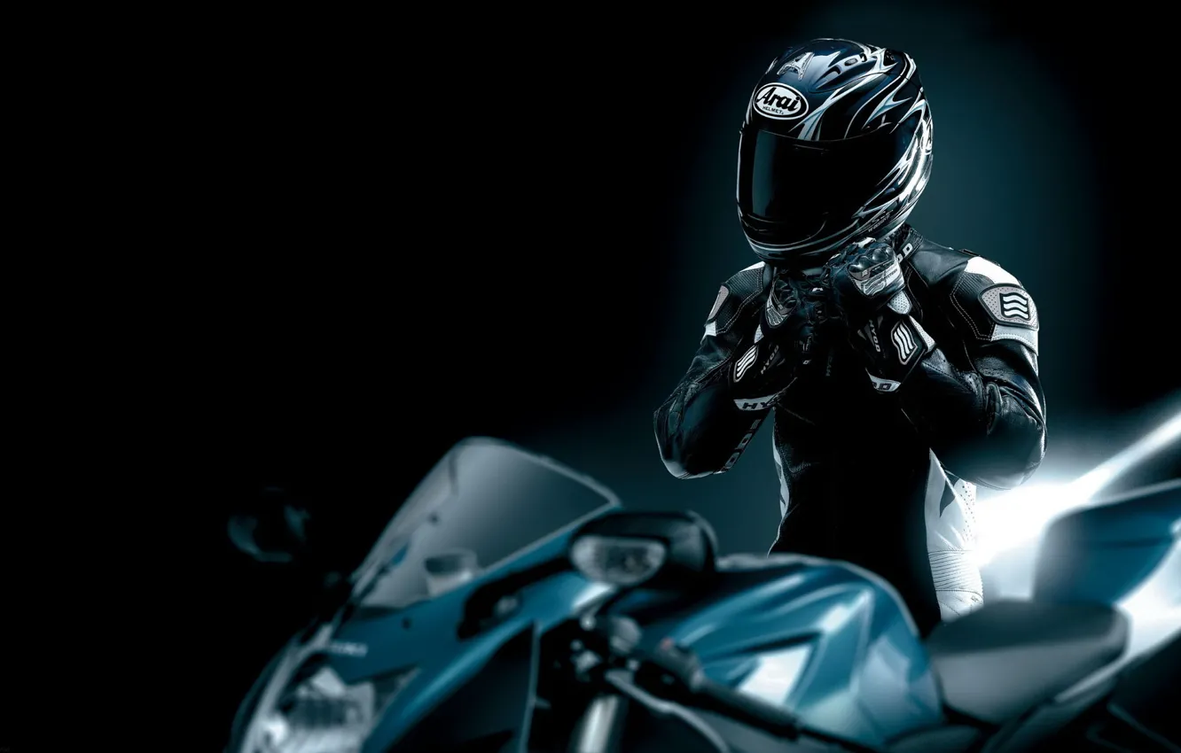 Photo wallpaper black, leather, motorcycle, helmet, motorcyclist