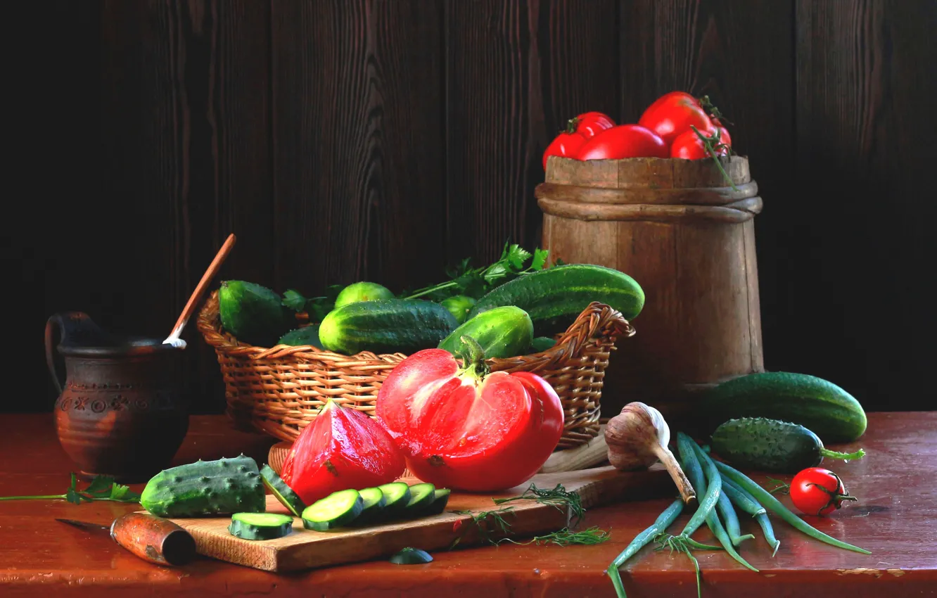 Photo wallpaper bow, Board, still life, basket, vegetables, tomatoes, cucumbers, garlic