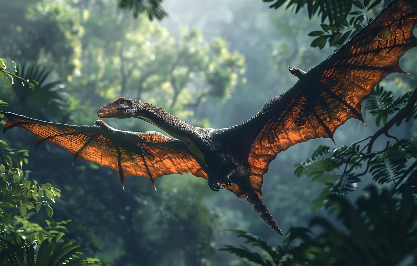 Photo wallpaper trees, flight, animal, wings, dinosaur, pterodactyl, digital art, Ancient animals