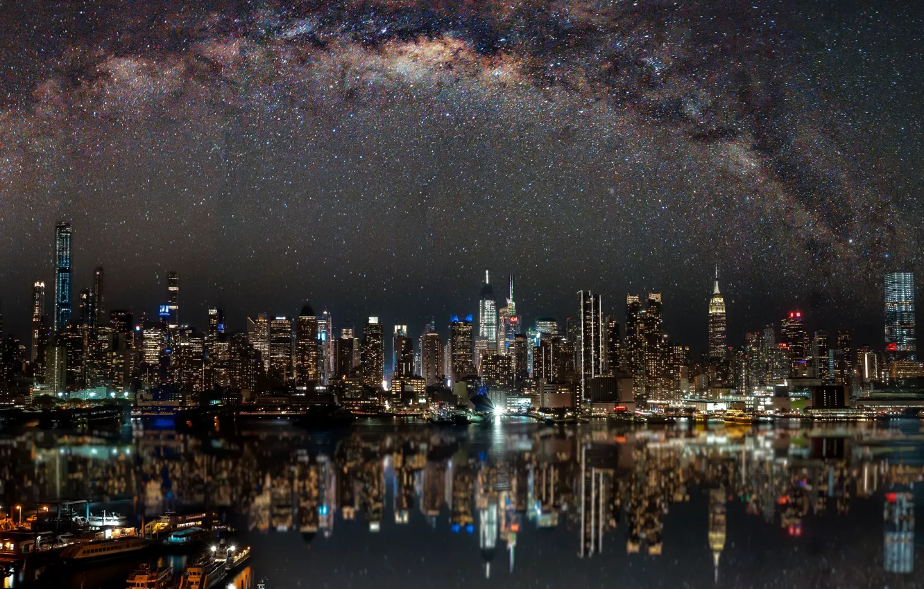 Photo wallpaper lights, lights, river, beauty, skyscrapers, port, galaxy, night city
