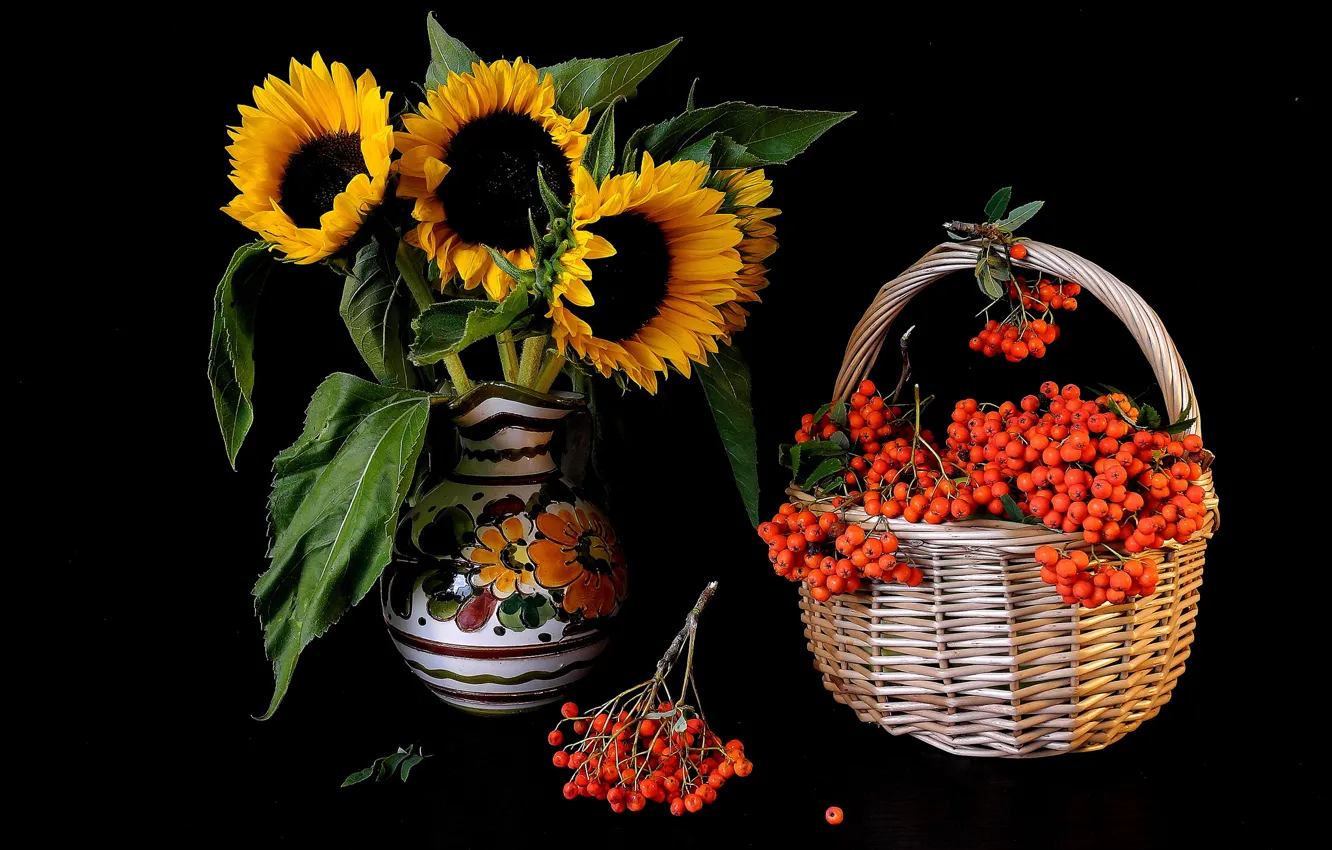 Photo wallpaper flowers, basket, sunflower, vase, Rowan