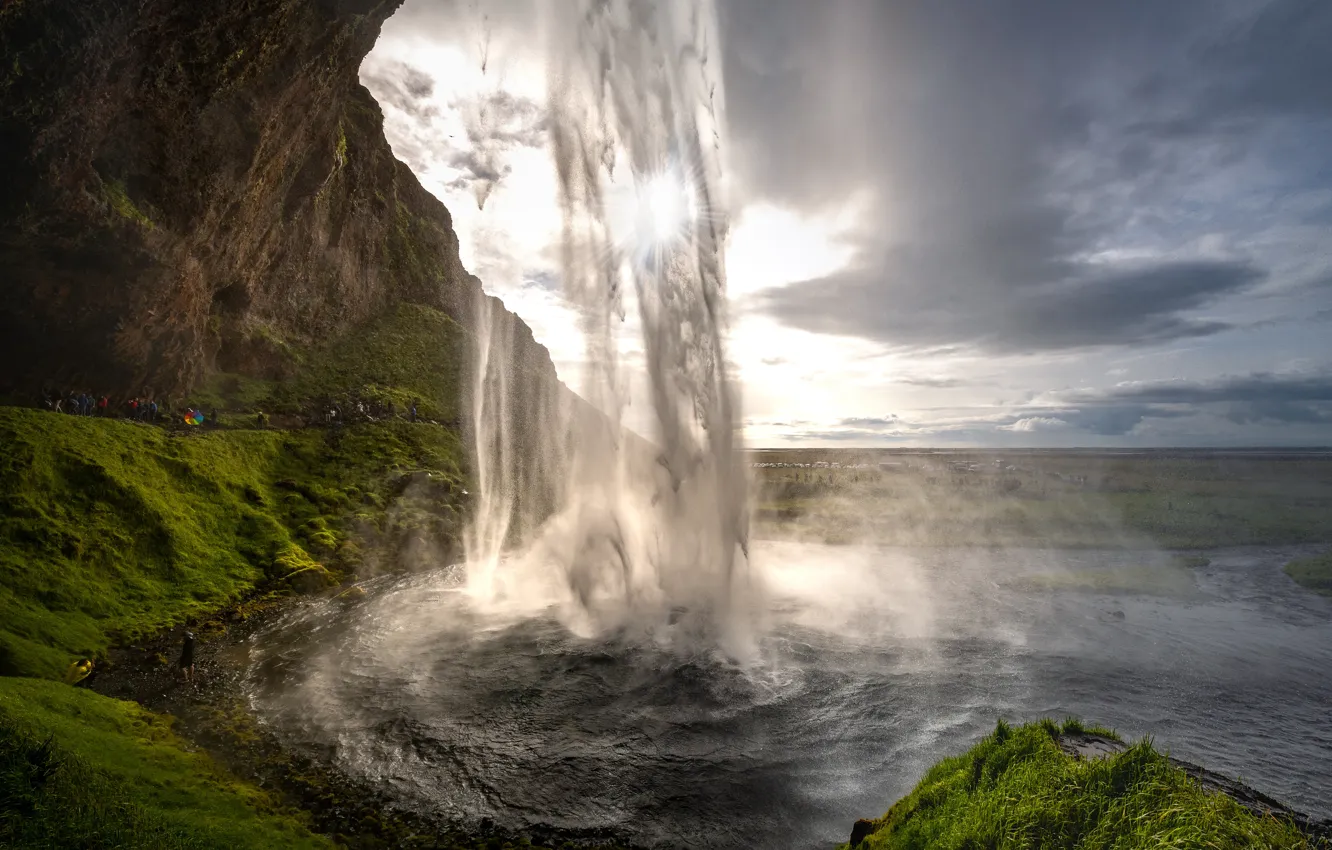 Photo wallpaper mountains, waterfall, stream, Iceland, tourists