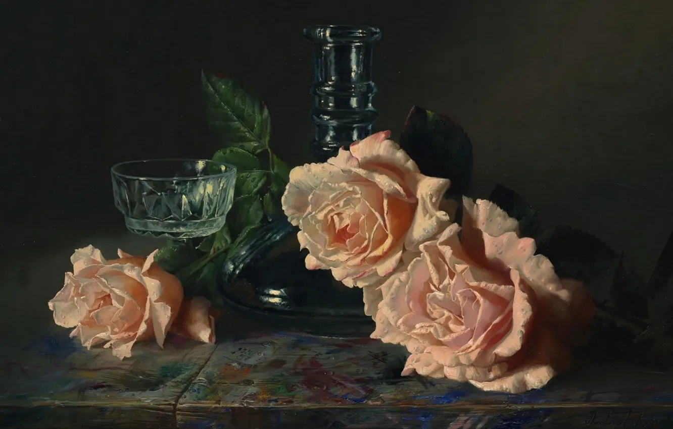 Photo wallpaper flowers, roses, vase, painting, Alexei Antonov