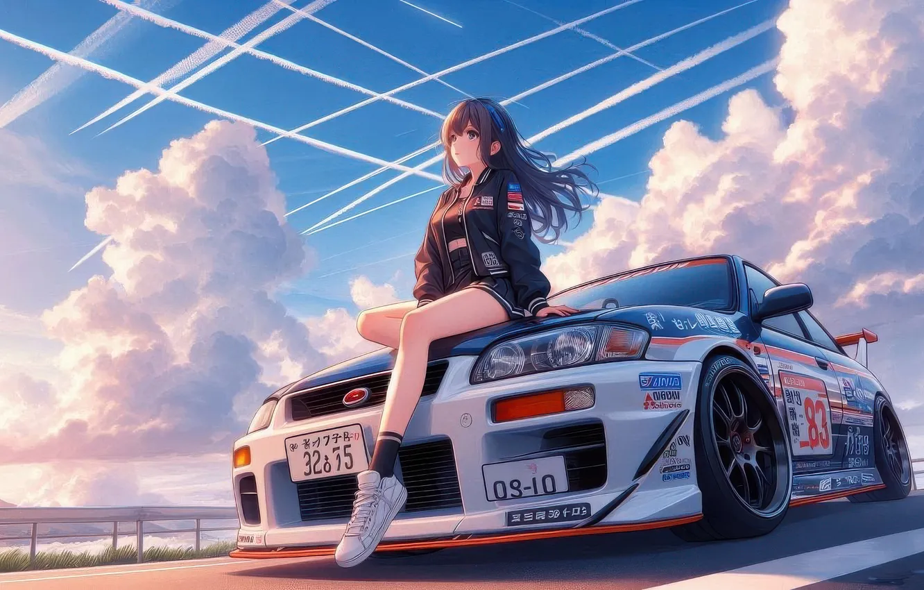 Photo wallpaper car, girl, anime, hood