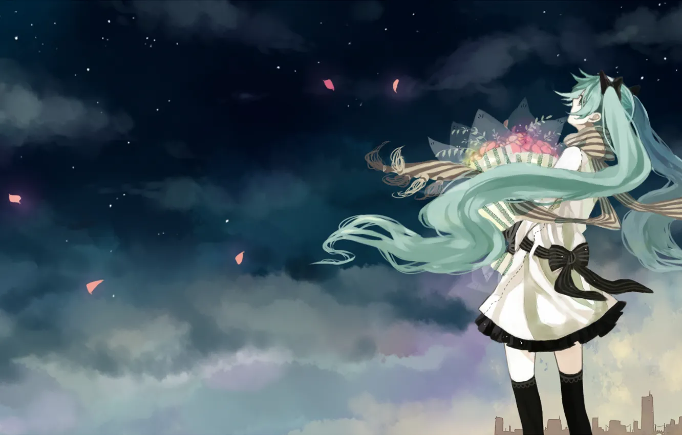 Photo wallpaper the sky, girl, clouds, flowers, night, the city, home, bouquet