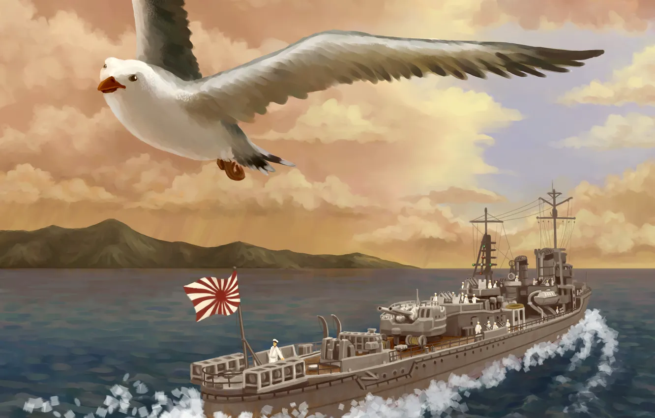Photo wallpaper sea, bird, ship, Seagull, art