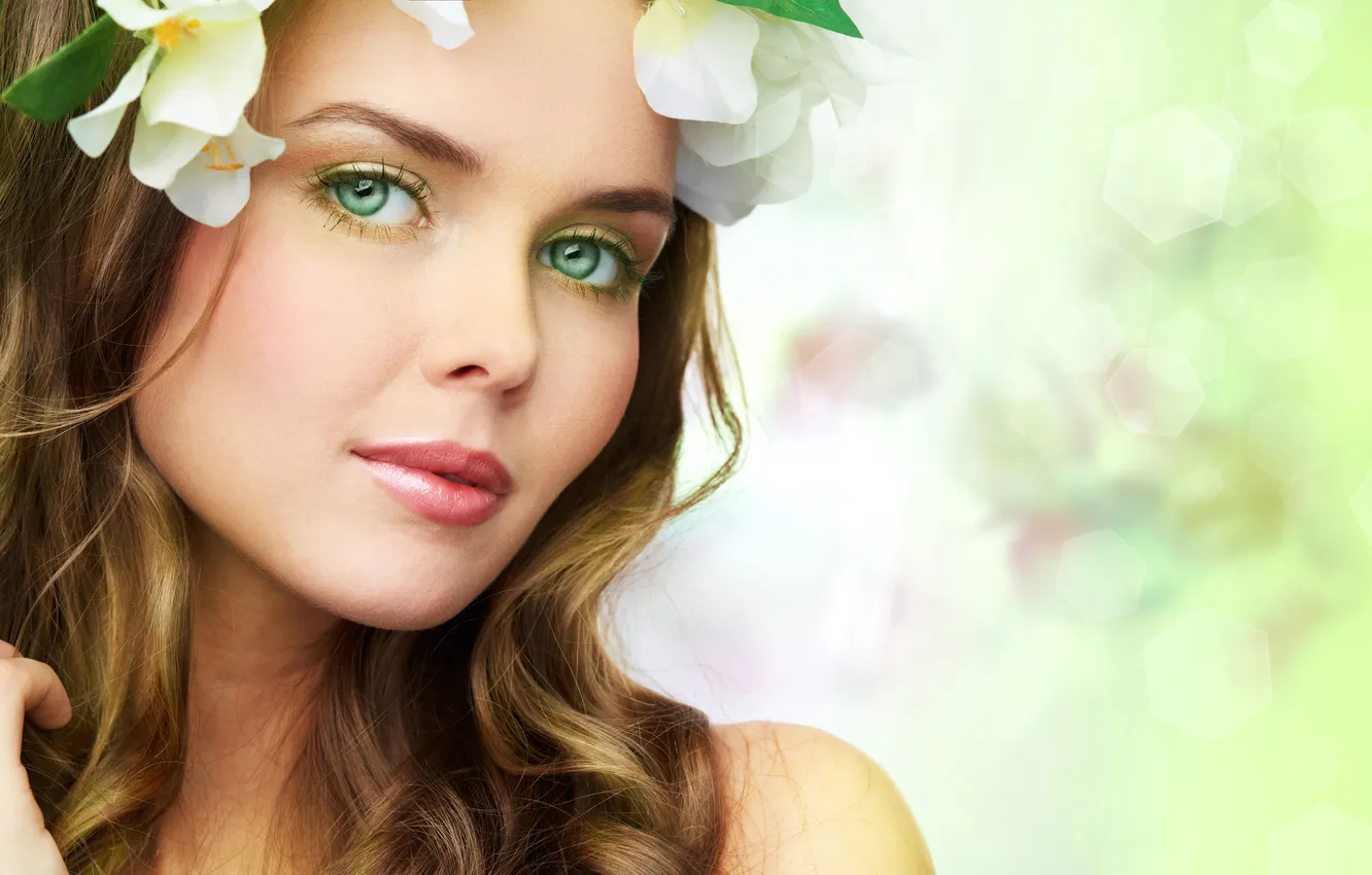 Photo wallpaper look, girl, flowers, makeup, brown hair, wreath, green eyes