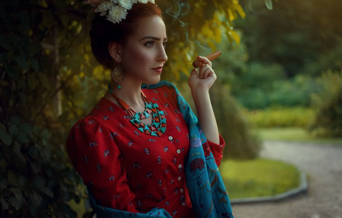 Photo wallpaper girl, pose, earrings, dress, cigar, red, earrings