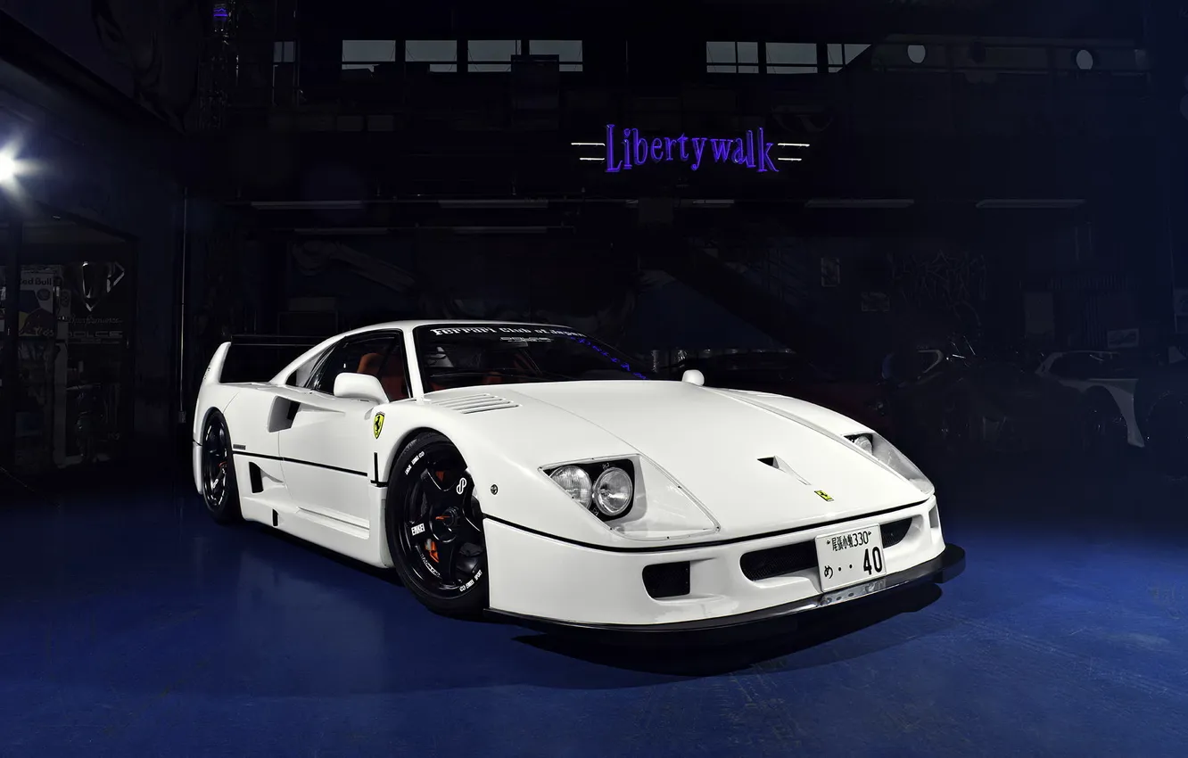 Photo wallpaper garage, white, supercar, tuning, ferrari f40, rechange, liberty walk