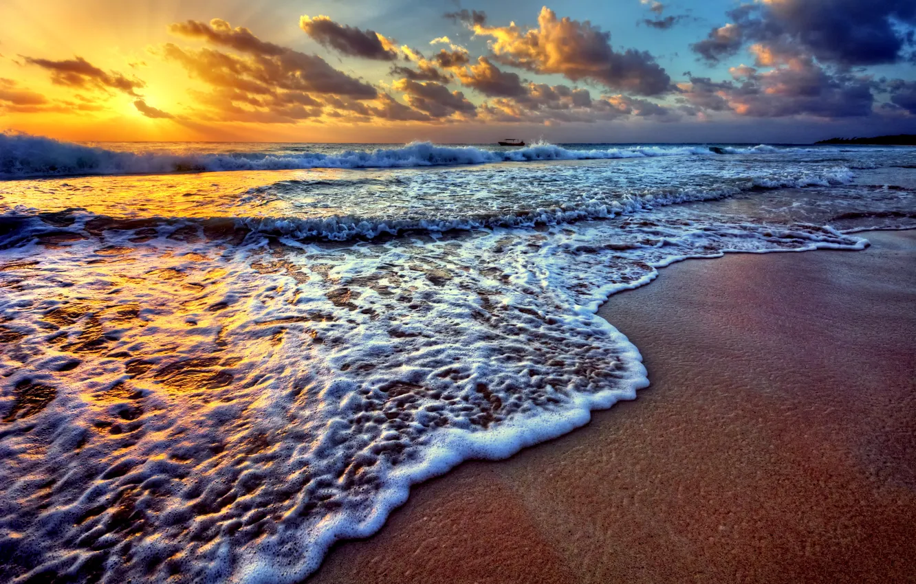 Photo wallpaper sea, wave, beach, sunset, beach, sea, sunset, seascape
