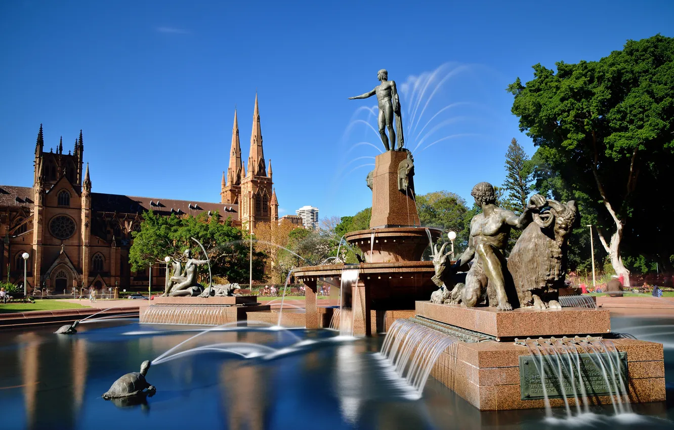 Photo wallpaper the sky, trees, Park, Australia, fountain, Sydney, sculpture