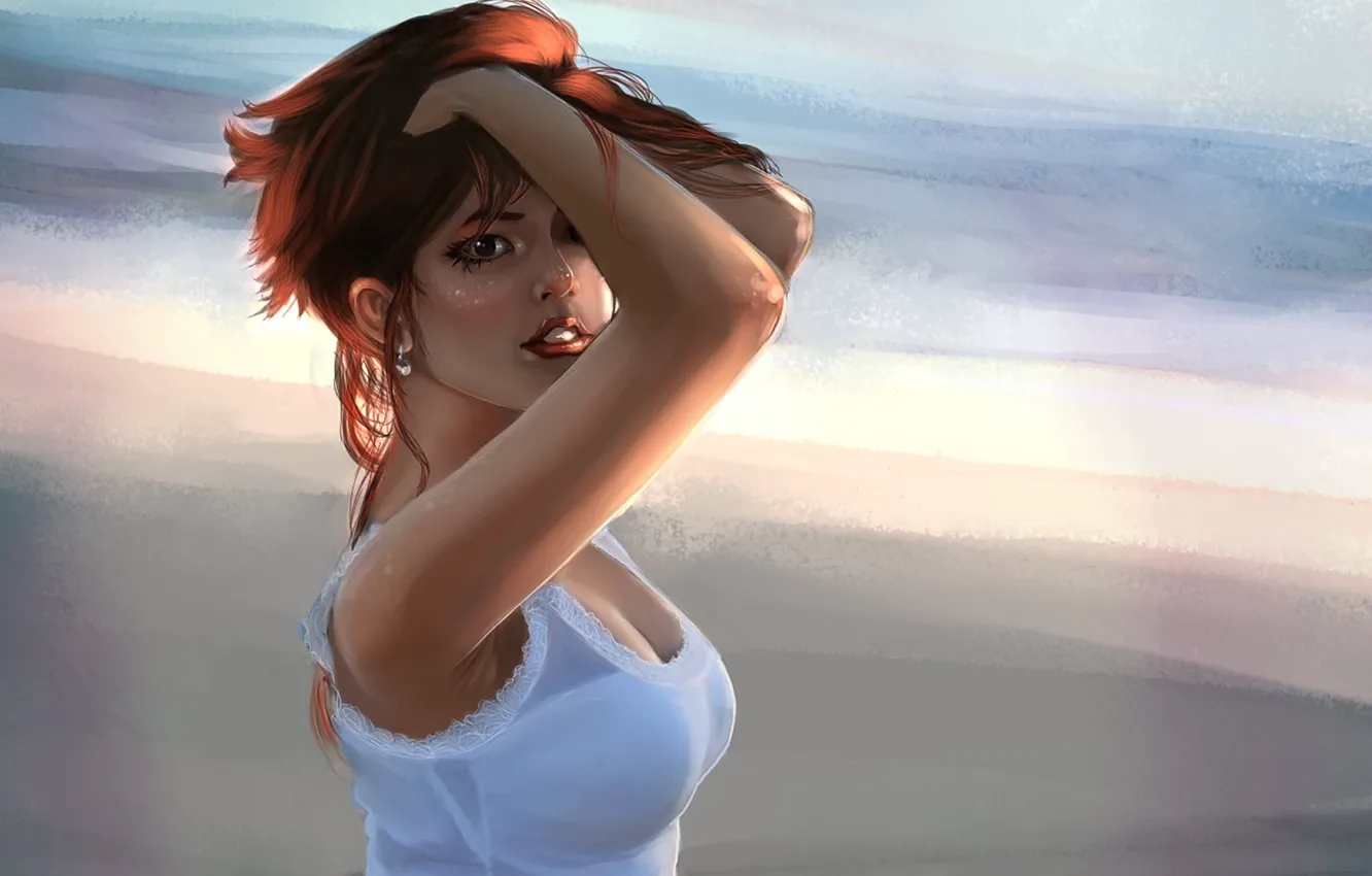 Photo wallpaper look, beauty, red hair, gesture, brown eyes, big Breasts, beauty, blurred background