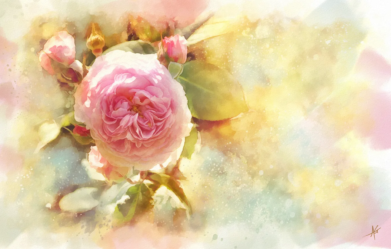Photo wallpaper flowers, roses, watercolor, buds