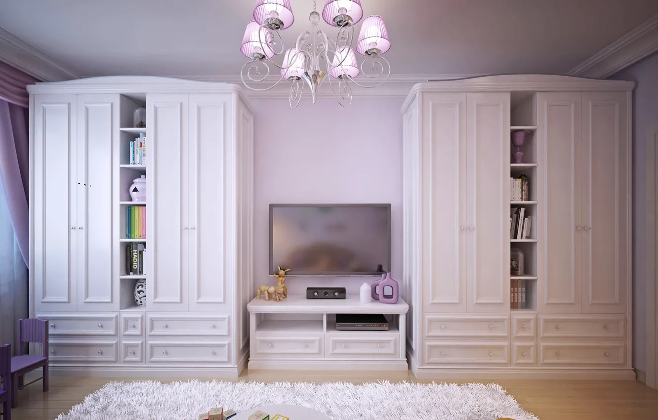 Photo wallpaper design, room, TV, chandelier, children's, cabinets