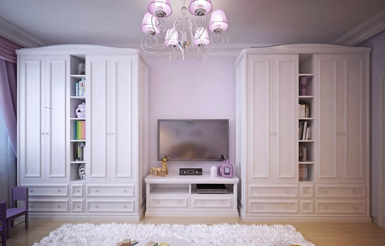 Photo wallpaper design, room, TV, chandelier, wardrobe, children's