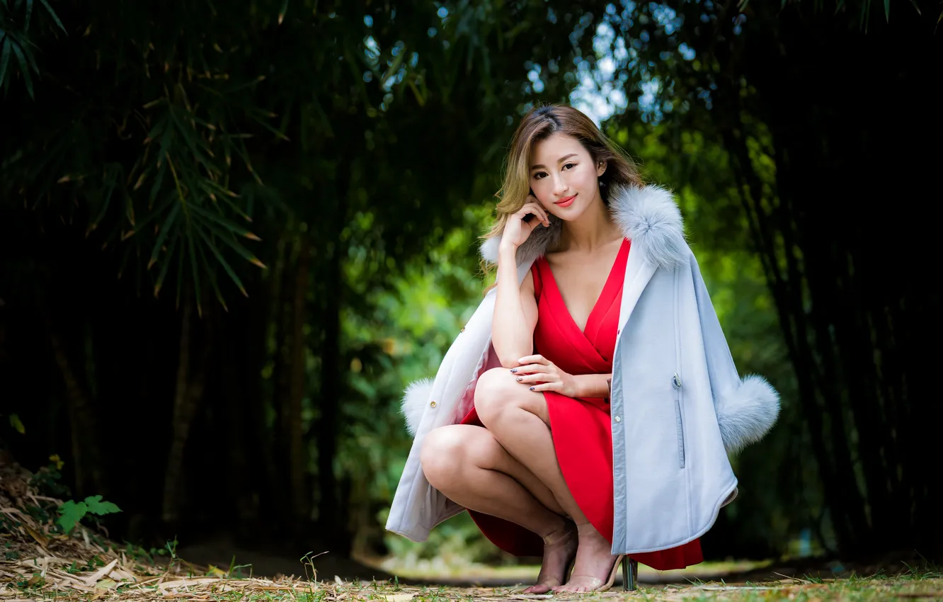 Photo wallpaper girl, pose, Asian, in red, bokeh