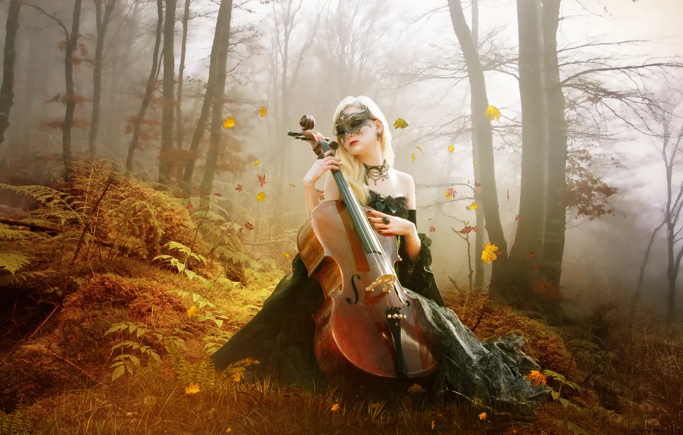 Photo wallpaper autumn, forest, leaves, girl, trees, bass