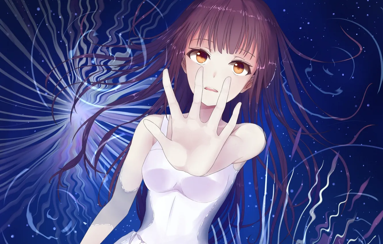 Photo wallpaper water, girl, night, reflection, salute, fireworks, white dress