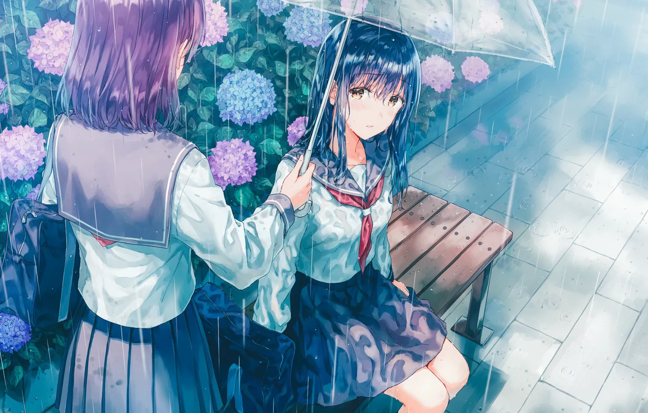 Photo wallpaper umbrella, bag, Schoolgirls, two girls, blue hair, hydrangea, sailor, on the bench