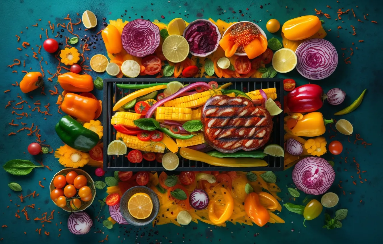 Photo wallpaper lemon, food, corn, bow, meat, pepper, placer, vegetables