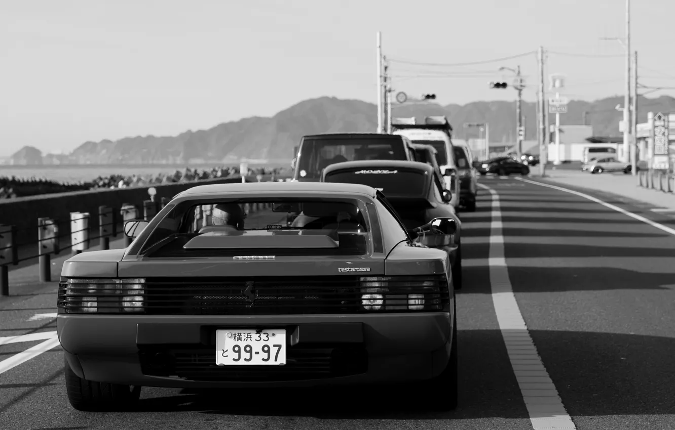 Photo wallpaper Road, Machine, Ferrari, Traffic light, Testarossa, Black And White