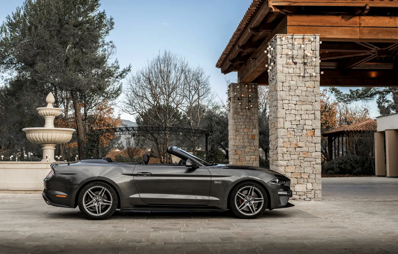 Photo wallpaper Ford, Parking, profile, convertible, 2018, dark gray, Mustang GT 5.0 Convertible