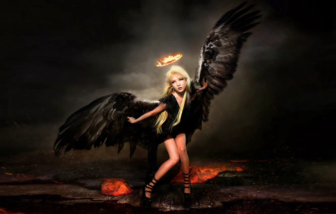 Photo wallpaper look, girl, wings, angel, lava, halo, photoart