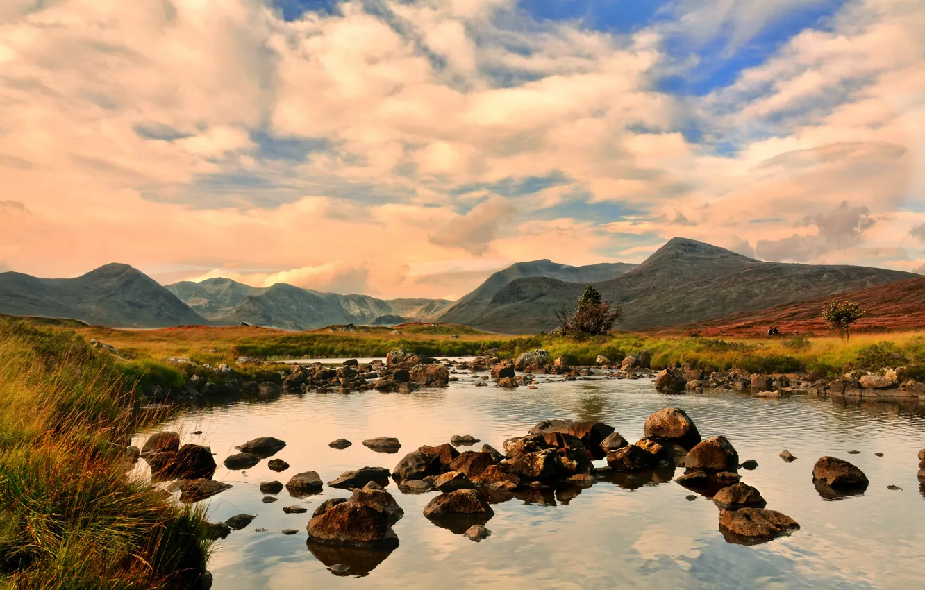 Photo wallpaper mountains, lake, stones, valley