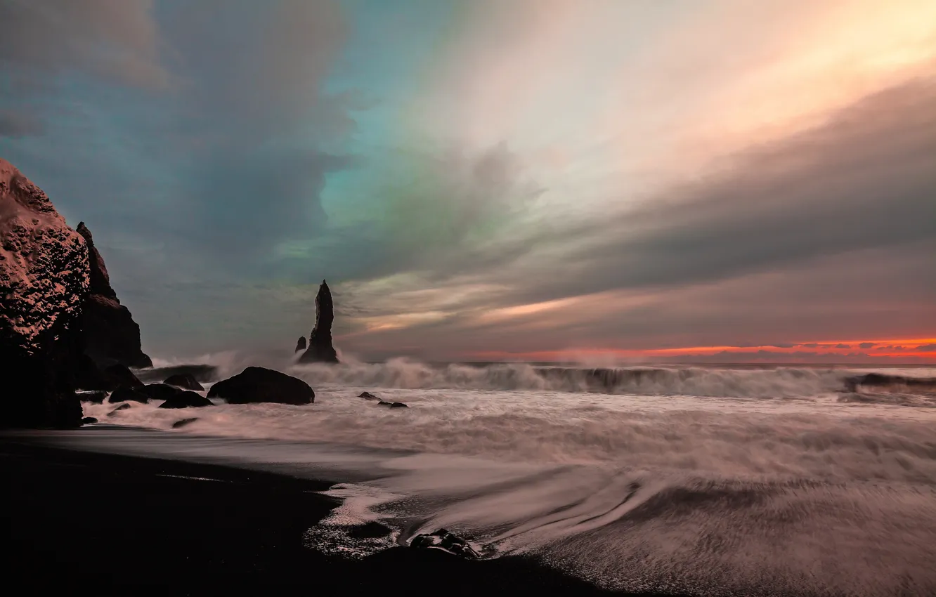 Photo wallpaper sea, wave, the sky, rocks, shore, Iceland
