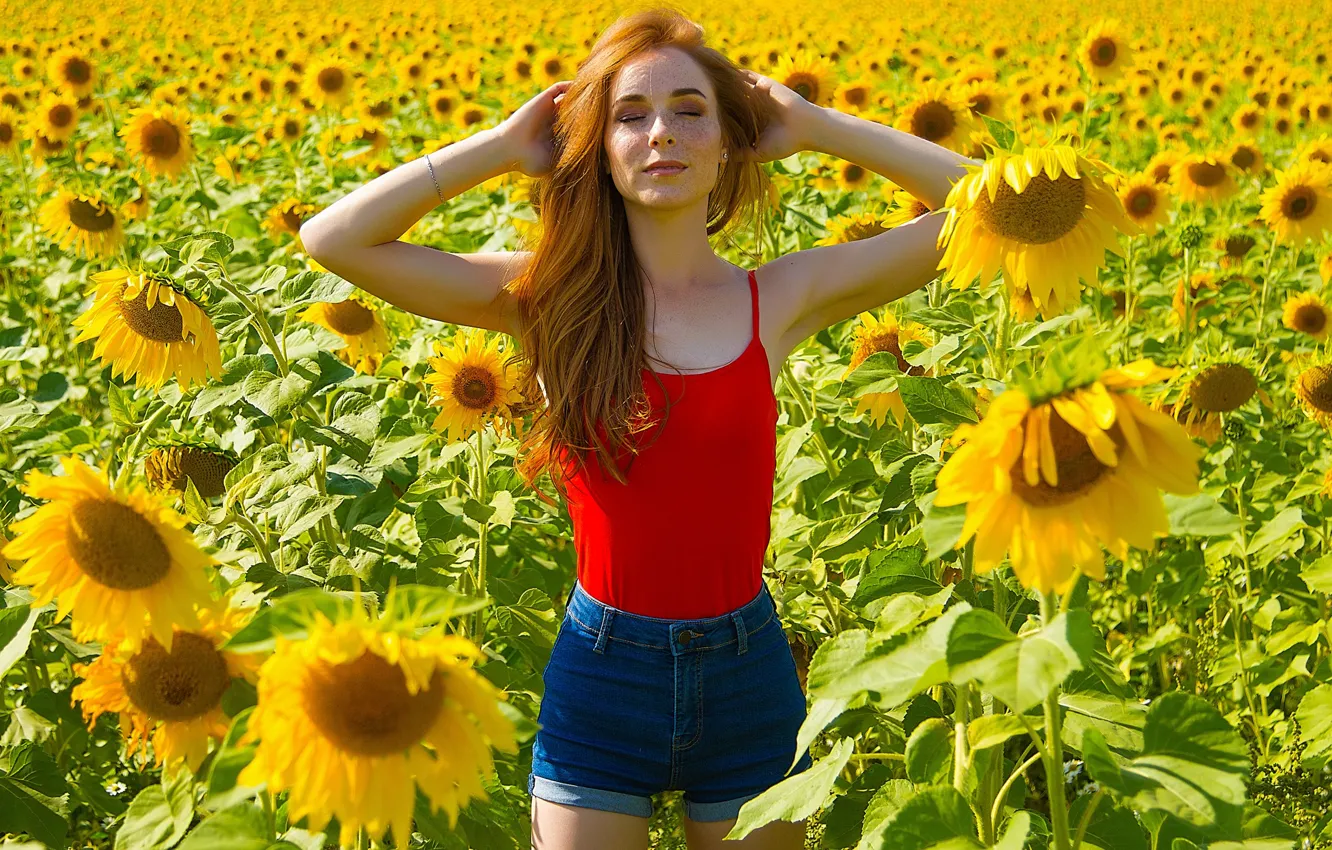 Photo wallpaper field, summer, girl, sunflowers, pose, mood, shorts, hands