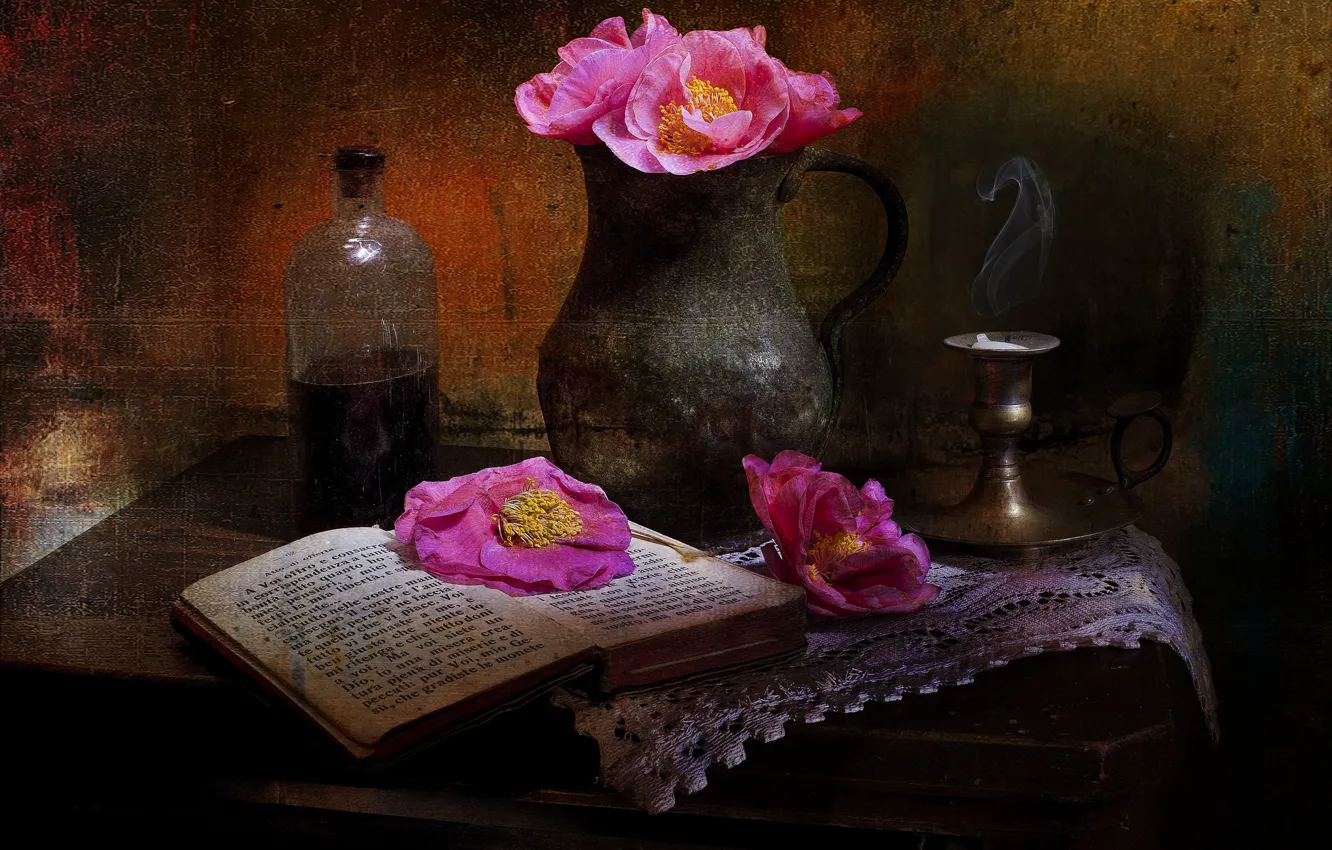 Photo wallpaper flowers, style, Maki, book, pitcher