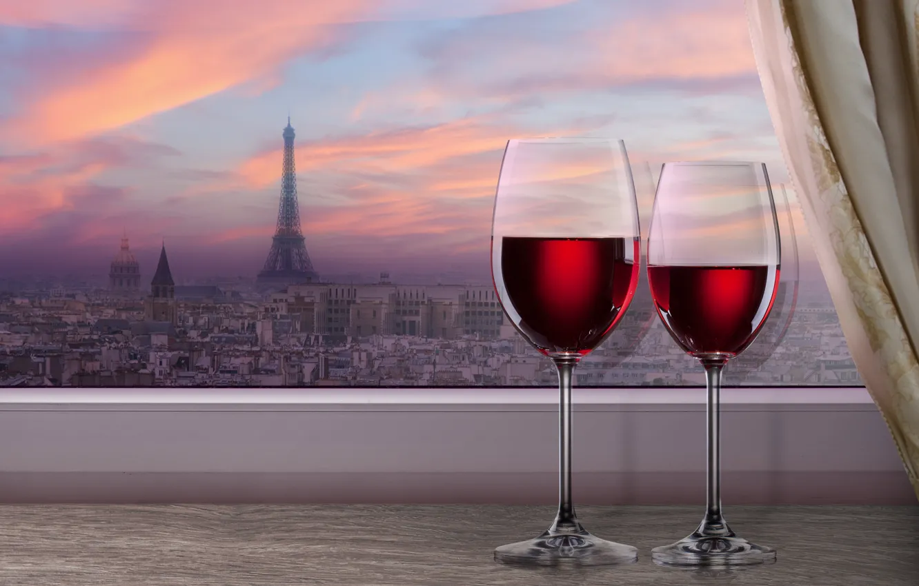 Photo wallpaper the city, wine, red, Paris, the evening, glasses, window, Eiffel tower