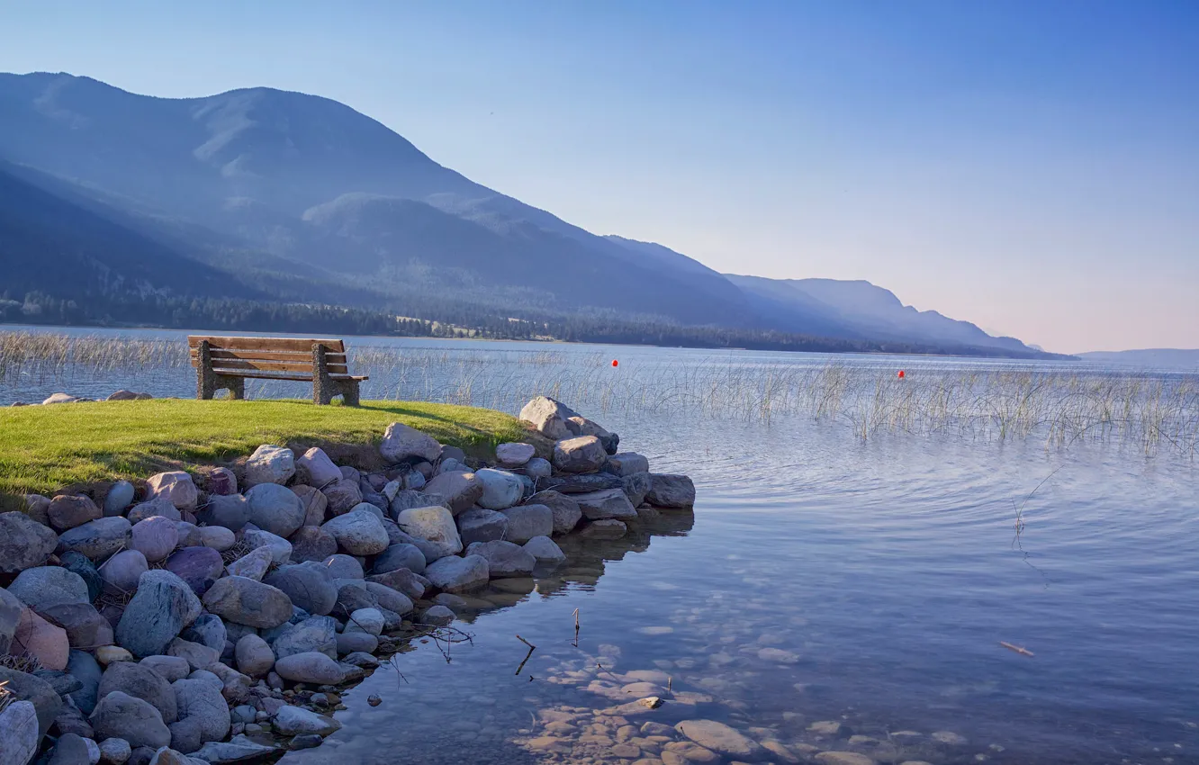 Photo wallpaper mountains, Canada, bench, British Columbia, lake Columbia