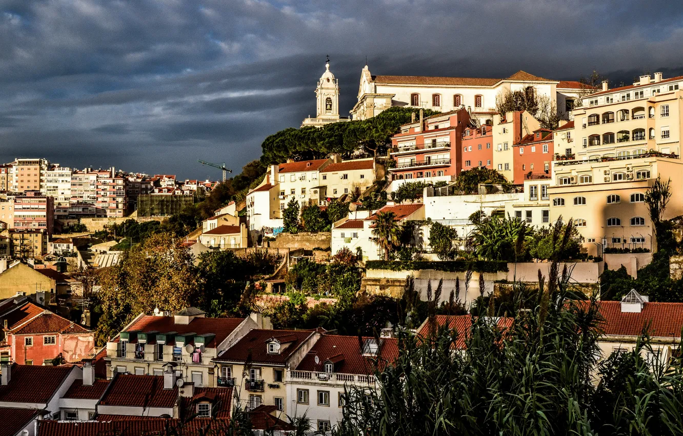 Photo wallpaper clouds, the city, home, Portugal, Lisbon, Prazeres