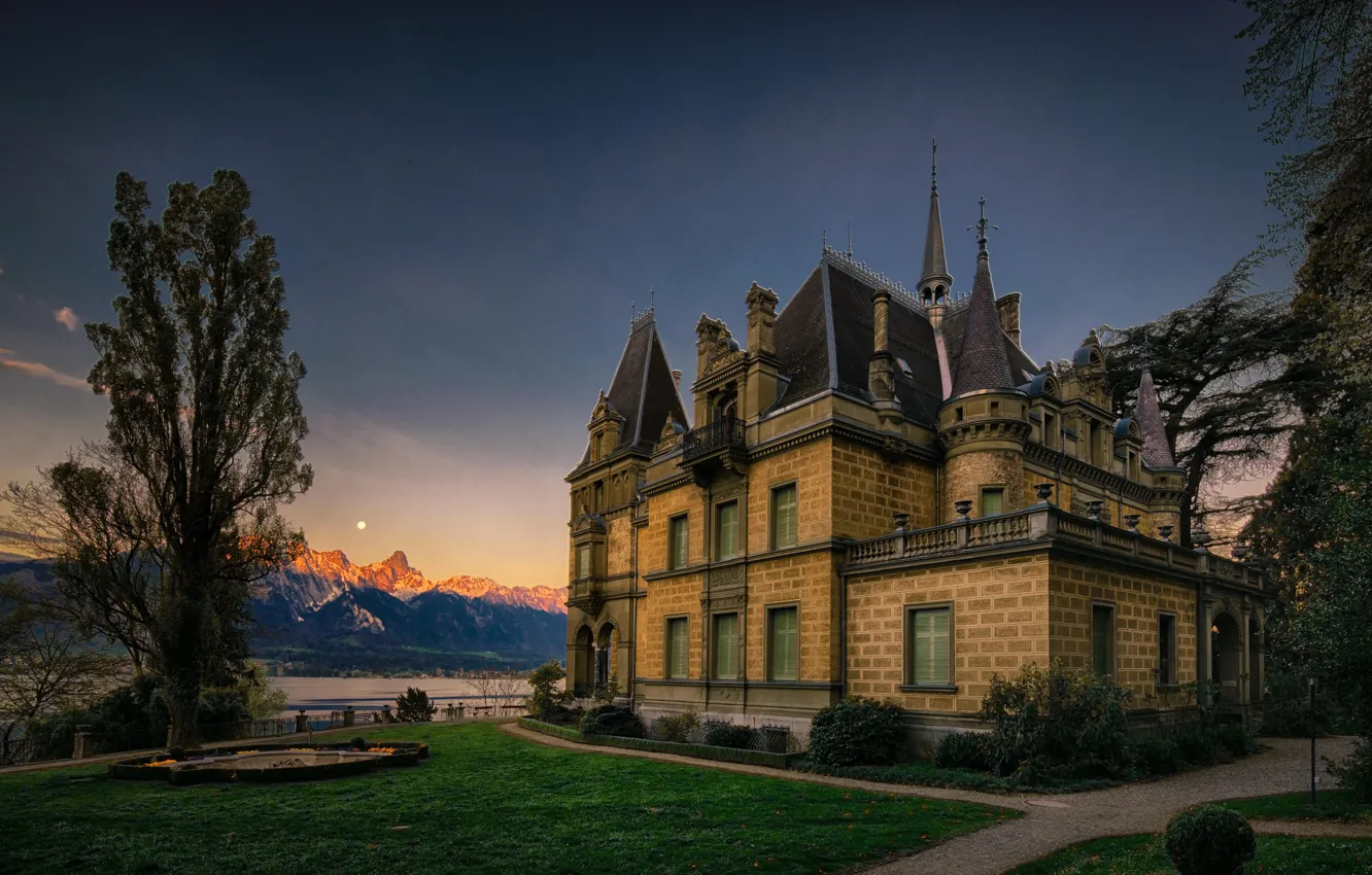 Photo wallpaper landscape, sunset, mountains, nature, lake, castle, Switzerland, Lake Thun
