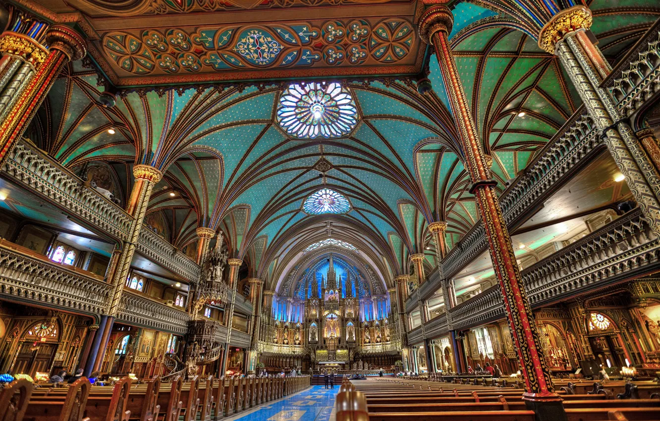 Photo wallpaper Canada, Church, balcony, religion, column, The Notre Dame Basilica, Basilique Notre Dame de Montreal